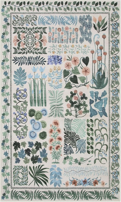 Floral Boho Beige Washable 3x5 Bathroom Entrance Rugs Indoor, Non Slip Flower Botanical Area Rugs for Kitchen Floor Soft Throw Carpet for Laundry Living Room Entrance (Beige,3 x 5)
