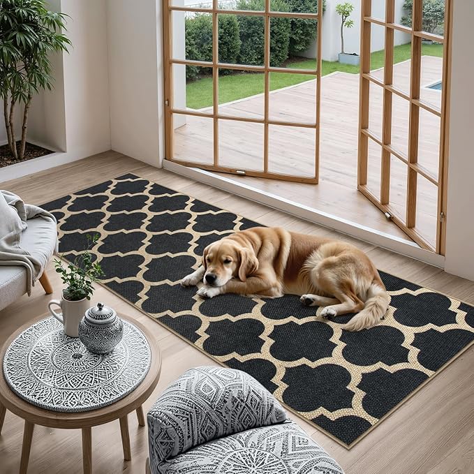 Lahome Moroccan Easy Jute Runner Rug 2x6, Black Washable Runner Rugs for Outdoor Porch Kitchen, Geometric Trellis Woven Long Carpet for Laundry, Thin Non Slip Farmhouse Porch Decor