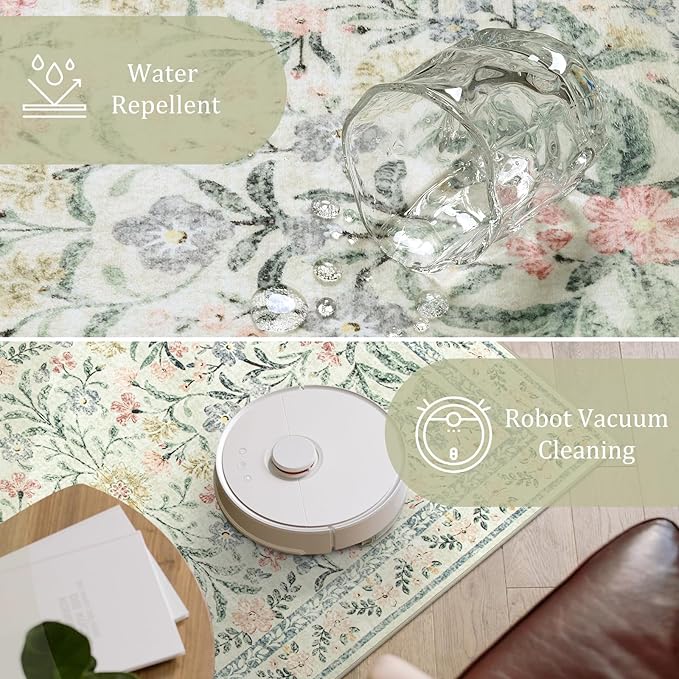 Morebes Boho 8x10 Area Rugs for Living Room, Large Beige Floral Rug for Bedroom Girls Nursery Non Slip, Soft Distressed Indoor Carpet for Dining Room Home Office, Cream