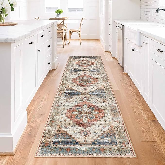 Enkor Runner Rugs for Hallway, 2x8 Washable Soft Non Slip Floor Rugs for Kitchen, Modern Mat for Living Room Bedroom Entryway Beige & Red