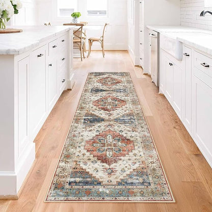 Enkor Runner Rugs for Hallway, 2x8 Washable Soft Non Slip Floor Rugs for Kitchen, Modern Mat for Living Room Bedroom Entryway Beige & Red