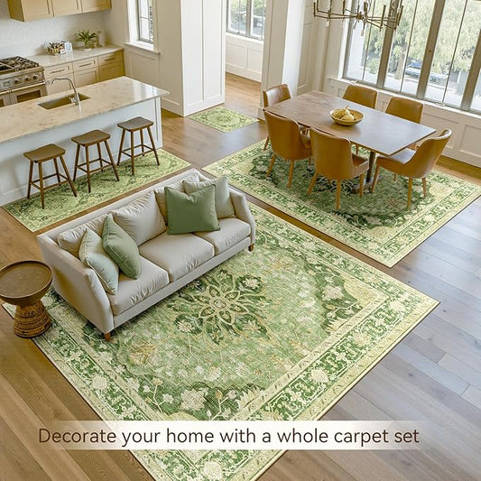 Area Rugs 7'x9' Washable Non-Slip, Floral Vintage Distress Print Pattern Medallion Carpet for Living Room Bedroom Dining Room, Sage Green Yellow