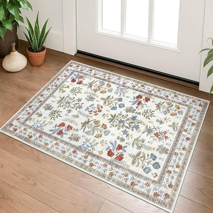 Boho Entryway Rug 2x3 Washable, Ivory Floral Kitchen Rug, Super Thin Faux Wool Small Area Rug, Non-Slip Soft Carpet for Foyer, Bedroom, Office