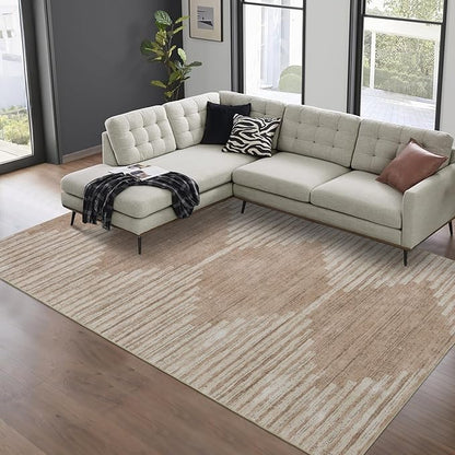 HelloTree Area Rug for Living Room 8x10 Washable Geometric Rug Stripe Farmhouse Bohemian Minimalistic Non Slip Non Shedding Ultra Thin Soft Rug for Bedroom Office DiningRoom Nursery-Pink&Khaki