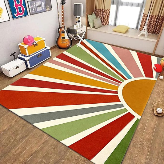 Rainbow Sun Area Rug,6x8ft,Medieval Vintage Geometric Rugs,Boho Style Bedroom Decor Rug Soft Machine Washable Carpet for Indoor Bedroom Living Room Office Decor