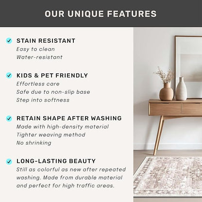 Washable Neutral Farmhouse Bedroom Rug, 5x7 Area Rugs for Living Room, Nursery Room, Boho Vintage Floral Non-Slip Rug Low Pile Stain Resistant (5x7 Beige/Latte)