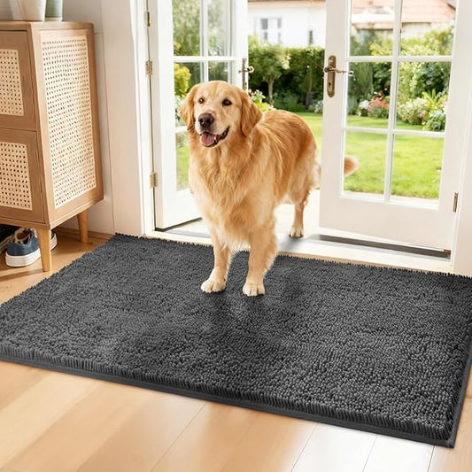 Chenille Absorbent Front Door Mat 60" x 36", Dog Door Mat for Muddy Paws, Trap Dirt Doormat, Mud Mat for Dogs, Washable Non Slip Outdoor Indoor Doormats for Entryway, Grey