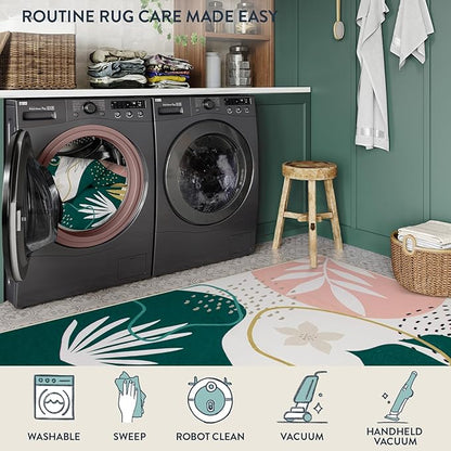 Lahome Area Rugs 4x6 Washable Soft Bedroom Rugs - Non-Slip Ultra-Thin Rugs for Entryway Stain Resistant Floor Rug, Boho Botanical Print Indoor Rug for Living Room Kitchen Office (4'x6',Green/Pink)