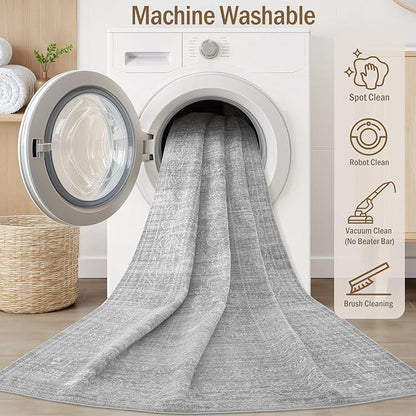 8ft Round Rug Living Room: Washable Large Vintage Rug Neutral Non-Slip Soft Stain Resistant Indoor Carpet for Bedroom Nursery Dining Room Under Table Bed Home House Office Playroom - Grey