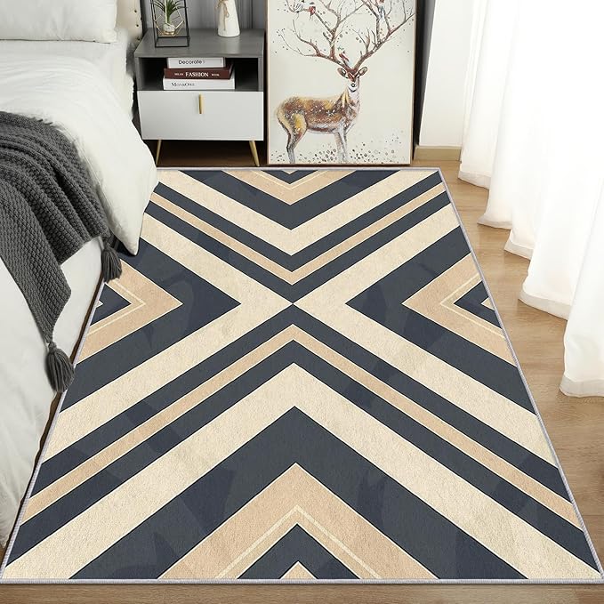 Modern Geometric Rug, Washable 4x5 Rug for Living Room, Herringbone Chevron Patterned Indoor Carpet, Modern Geometric Decor for Home, Bedroom, Soft Non Slip Thin Design FER75