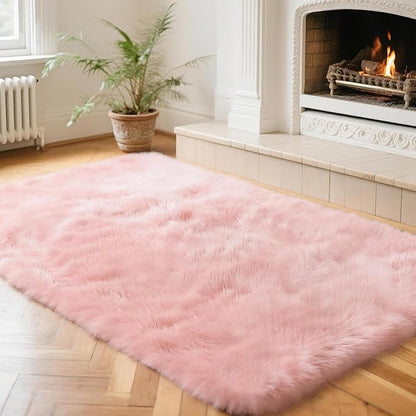 2x3 Solid Fluffy Pink Area Rug – Washable, Durable, Small Bedroom Rug, Non-Slip High Pile Shag Rugs for Living Room, Bedroom, Bedside, Dorms,Grils Rooms, Kids Room, Soft Indoor Floor Carpet