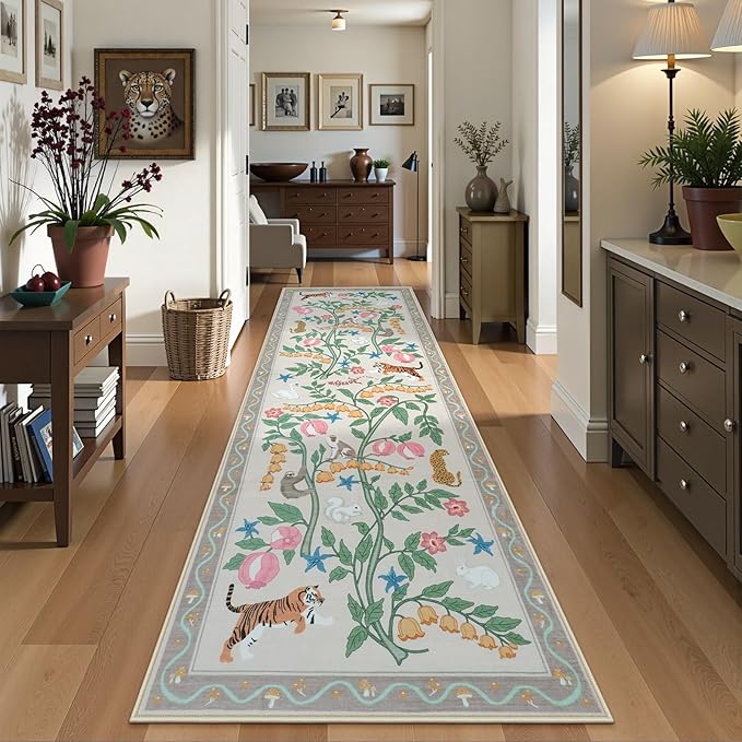 Collive Runners Rug for Hallway 2.6x8, Jungle Animal Washable Kitchen Runner Carpet Non Slip Soft Bathroom Mats, Beige Low Pile Stain Resistant Entryway Rugs for Bedroom, Indoor Decor