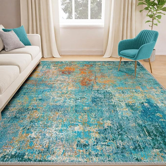 Washable Area Rugs 5'x7' Non-Slip Modern Abstract Soft for Living Room Entryway Bedroom Nursery, Print Pattern, Teal Blue Green Orange Rust Red Coloreful