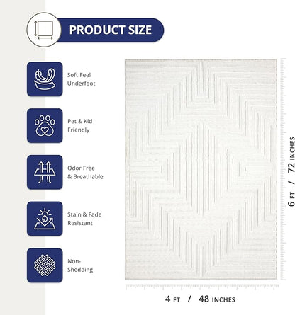 Abani Neutral Cream Area Rug 4' x 6' for Living Room, Bedroom - Tone-on-Tone Geometric Design - Durable & Easy to Clean