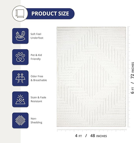 Abani Neutral Cream Area Rug 4' x 6' for Living Room, Bedroom - Tone-on-Tone Geometric Design - Durable & Easy to Clean