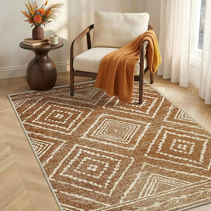 Area Rug 3x4 Rug Machine Washable Non-Slip Low Pile Print Pattern Western Rug for Living Room Bedroom Entryway Tribal Series-Yellowbrown/Cream