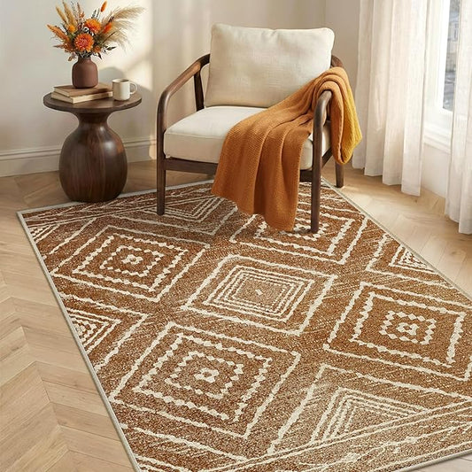 Area Rug 3x4 Rug Machine Washable Non-Slip Low Pile Print Pattern Western Rug for Living Room Bedroom Entryway Tribal Series-Yellowbrown/Cream