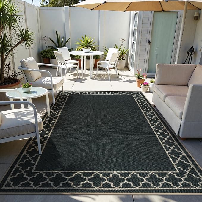 OJIA Easy Jute Outdoor Area Rug 8x10, Large Patio Rug Washable Living Room Rug Farmhouse Indoor Outdoor Carpet Bordered Modern Non-Slip Black Rugs for Bedroom Backyard Deck Decor