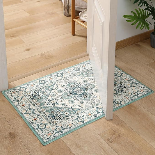 VK VK·LIVING Entryway Washable Rug 2'x3' Small Boho Bathroom Throw Area Rug Non Slip Doormat Indoor Front Door Machine Washable Carpet for Bathroom Kitchen Vintage (Green Beige)