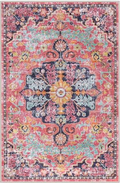 Lahome 6x9 Area Rugs Machine Washable Area Rugs for Living Room,Non Slip Bedroom Rug,Dining Room Rugs for Under Table,Large Bohemian Vintage Non Skid Indoor Carpet for Home Office(6x9ft,Fuchsia)
