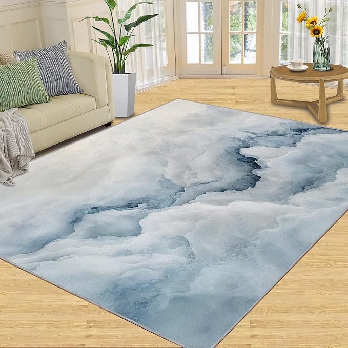 Modern Simple Art Rugs for Bedroom - 6x8 Area Rug - 3D Cloud Marble Rugs for Living Room, Abstract Mist Marble Rug, Washable Home Decor Carpet