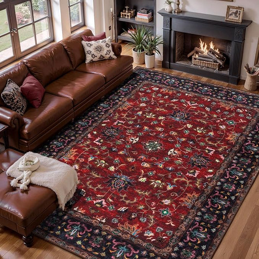 Tangsoo 5x7 Washable Rug, Floral Vintage Large Area Rugs for Living Room, Indoor Non Slip Print Floor Carpet, Soft Low Pile Machine Washable Rug for Bedroom Dining Room Dorm Home Decor Red
