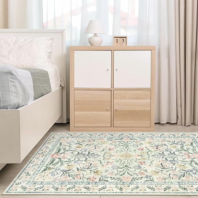 Morebes Floral Machine Washable Area Rugs 5x7, Vintage Boho Nursery Rug Girl Non-Slip, Flower Indoor Floor Throw Carpet for Living Room Bedroom Kitchen Playroom Home, White/Multi