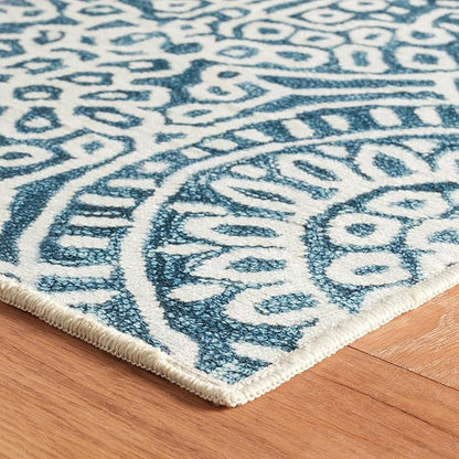 Dash & Albert Temple Ink Machine Washable Rug, 8.5 X 11.5 Feet, Blue Geometric Pattern
