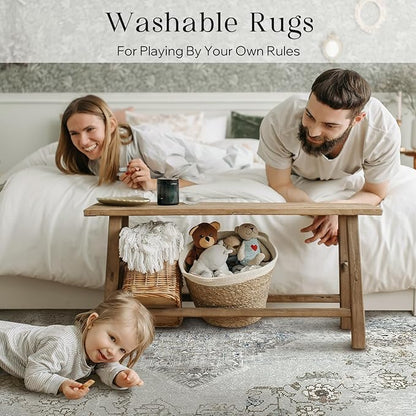 Phantoscope Washable Area Rug 8'x10' Non-Slip, Vintage Neutral Rugs for Living Room, Bedroom, Dining Room, Distressed Boho Medallion Pattern, Low-Pile Foldable Floor Carpet, Silver Grey/Taupe