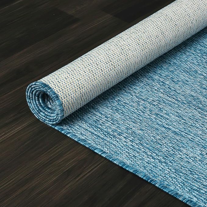 Beverly Rug Indoor Outdoor Rug 9x12, Washable Outside Carpet for Patio, Deck, Porch, Solid Modern Area Rug, Water Resistant, Aqua Blue