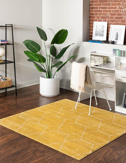 Unique Loom Trellis Frieze Collection Area Rug - Geometric (4' Square, Yellow/ Ivory)