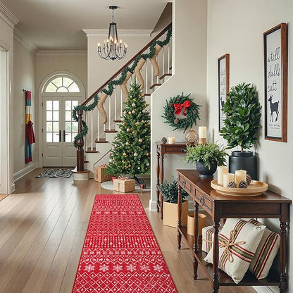Lahome Christmas Runner Rug 2x6 for Hallway Red Non Slip Washable Low Pile Carpet Moroccan Snowflake Throw Rug Runner for Kitchen Entryway Laundry Bathroom Narrow Space Xmas Holiday Decor