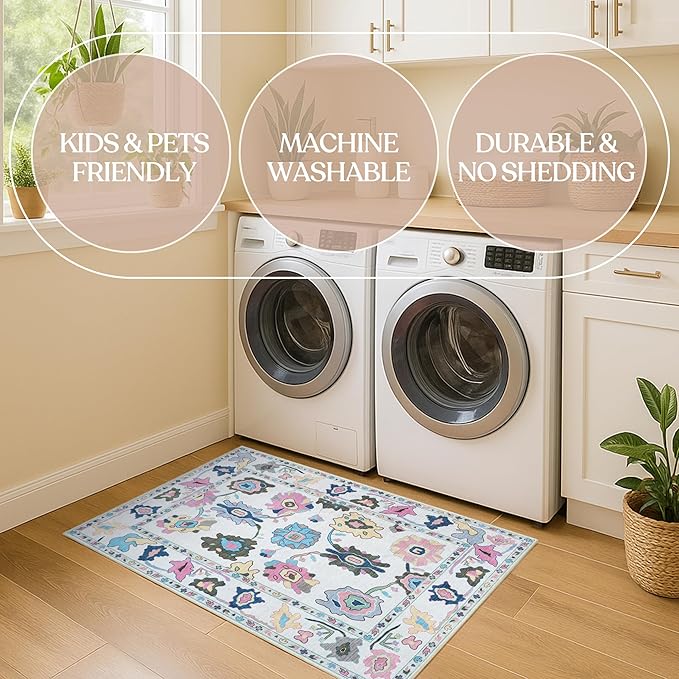 Fame Living Colorful Oushak Rug, Modern, Vintage, Turkish, Eclectic, Floral, Pastel, Washable, Large Area Rugs for Living Room, Dining, Bedroom, Girls, Boys, 7'5"x9'8"
