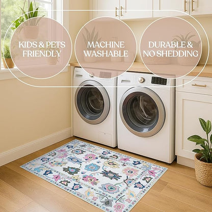 Fame Living Colorful Oushak Runner Rug, Modern Runners, Turkish, Eclectic, Floral, Pastel, Washable, Small Throw Rugs, Short Runner for Hallway, Entryway, Foyer, Bedroom, Kitchen, Bathroom, 2'5"x6'5"