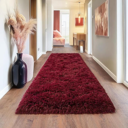 Burgundy Runner Rug for Hallway, Bedroom Bedside Plush Rugs, Non Slip Fluffy Shaggy Carpet for Kids Home Decor, Dorm Nursery 2x6 Ft
