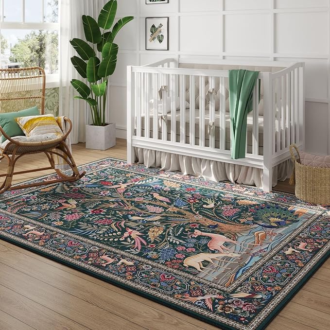 Rugcomf 8x10 Area Rugs Vibrant Tree of Life-Patterned Vintage Washable Area Rug Non Slip Low Pile Large Rug for Bedroom Farmhouse Dining Room Kids Playroom, Green