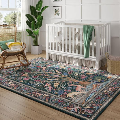 Rugcomf Area Rugs 5x7 Vibrant Tree of Life-Patterned Vintage Washable Area Rug Non Slip Low Pile Large Rugs for Living Room Bedroom Farmhouse Dining Room Kids Playroom, Green
