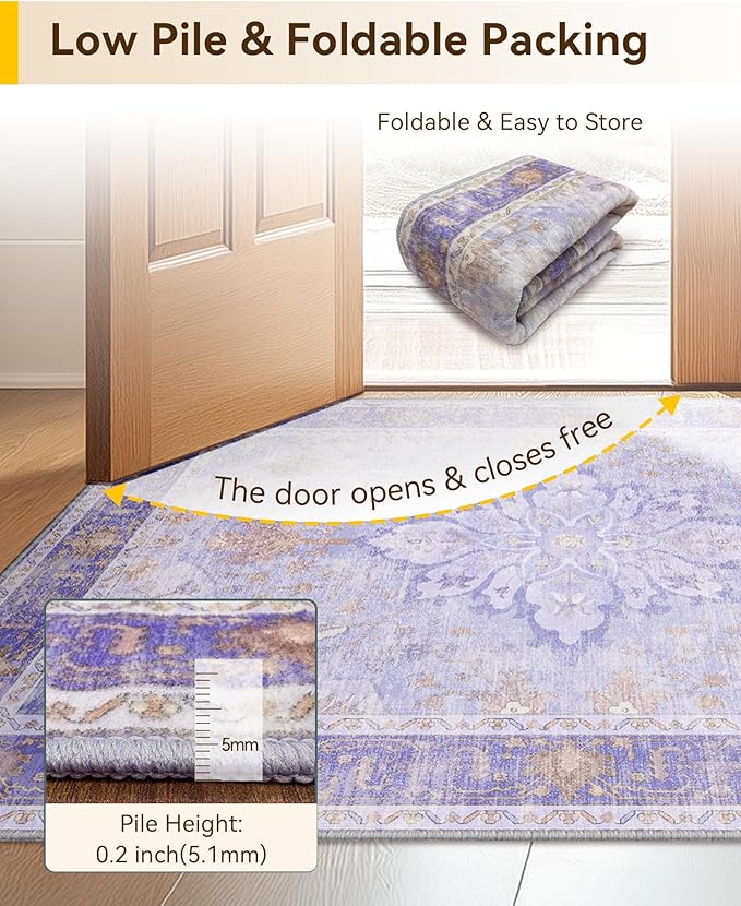 Area Rugs 3'x5' Washable Non-Slip, Floral Vintage Distress Print Pattern Medallion Carpet for Living Room Bedroom Dining Room, Light Purple Brown