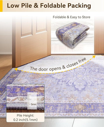 Area Rugs 6'x9' Washable Non-Slip, Floral Vintage Distress Print Pattern Medallion Carpet for Living Room Bedroom Dining Room, Light Purple Brown