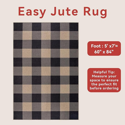 Tangsoo Checkered Easy Jute Rug 5x7 Large Washable Area Rug for Dining Room,Non-Slip Black Grey Indoor Outdoor Rug,Modern Thin Mat Outdoor Carpet for Living Room Bedroom Patio
