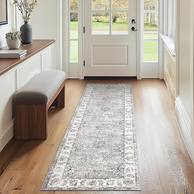 jinchan Fiora Runner Rug 2x5 Machine Washable Hallway Rug Grey Vintage Floral Print Non-Slip Low Pile Ultra-Thin for Kitchen, Entryway, Laundry Room, Bedroom, Farmhouse (2‘x5’, Grey)