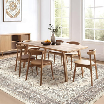 7x10 Area Rug Living Room: Washable Boho Large Neutral Vintage Soft Rugs Stain Resistant Farmhouse Non-Slip Indoor Floor Carpet for Bedroom Nursery Kids Playroom Office Dining Room- Beige Brown