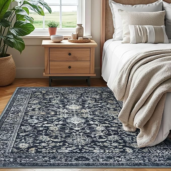 KILOCOCO Area Rug 4x6 Entryway Rug Washable Printed Vintage Floral Rubber Backed Non Slip Indoor Kitchen Rugs for Laundry Room Playroom Bedroom Living Room Moroccan Area Rugs, Navy/Charcoal