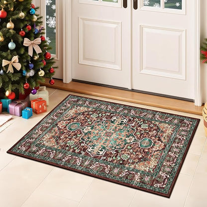 U'Artlines 2x3 Washable Boho Area Rug, Small Non Slip Vintage Doormat for Indoor Front Door Ultra Thin Mat Carpet for Entryway Kitchen Bathroom Bedroom Rust＆Teal