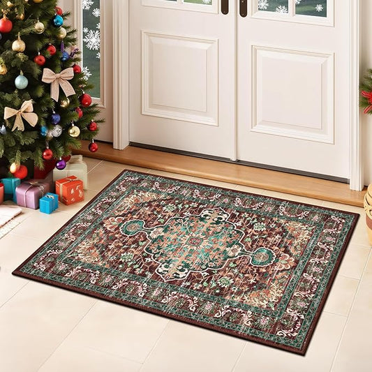 U'Artlines 2x3 Washable Boho Area Rug, Small Non Slip Vintage Doormat for Indoor Front Door Ultra Thin Mat Carpet for Entryway Kitchen Bathroom Bedroom Rust＆Teal