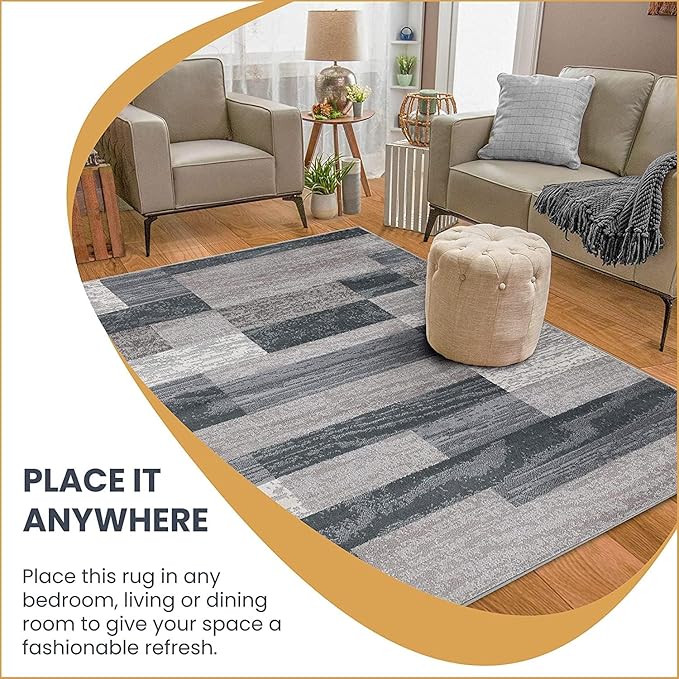 Superior Indoor Area Rug, Jute Backed, Modern Geometric Patchwork Floor Decor for Bedroom, Office, Living Room, Entryway, Hardwood Floors, Rockwood Collection, 2' x 3', Blue-Taupe