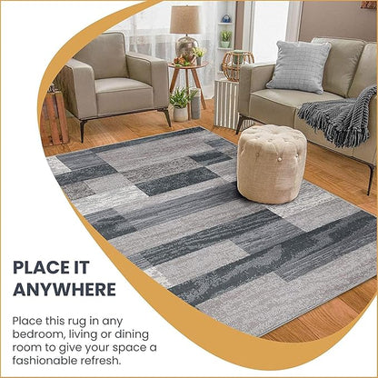 Superior Indoor Area Rug, Jute Backed, Modern Geometric Patchwork Floor Decor for Bedroom, Office, Living Room, Entryway, Hardwood Floors, Rockwood Collection, 3' x 5', Blue-Taupe