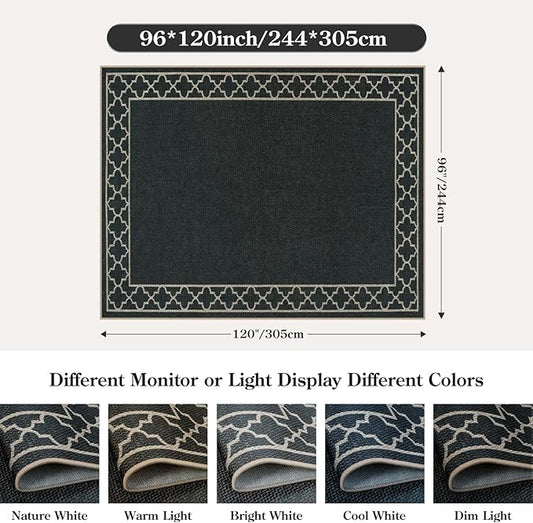 OJIA Easy Jute Outdoor Area Rug 8x10, Large Patio Rug Washable Living Room Rug Farmhouse Indoor Outdoor Carpet Bordered Modern Non-Slip Black Rugs for Bedroom Backyard Deck Decor