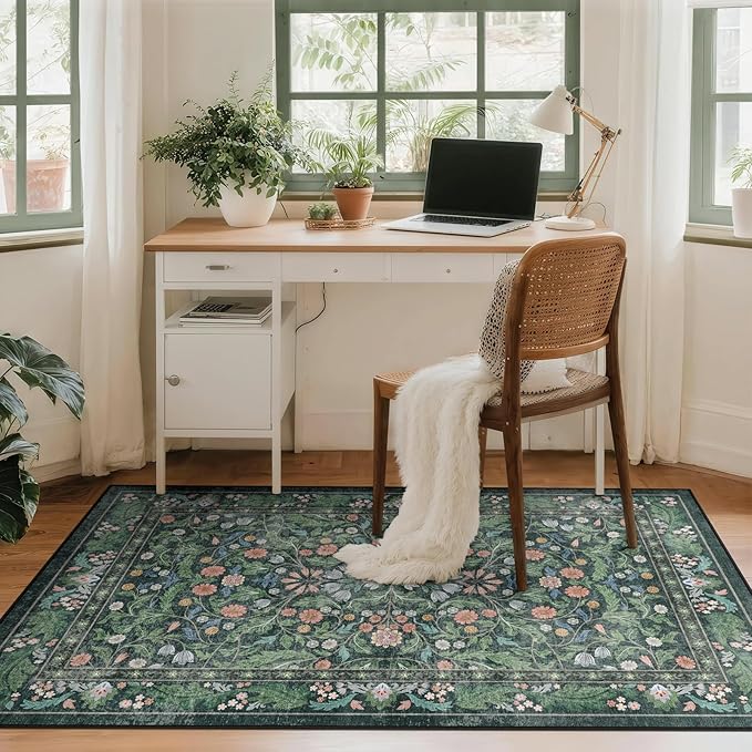 3x5 Washable Area Rug Floral Green Entryway Small Rug Vintage Forest Low Pile Non Slip Stain Resistance Soft Carpet for Kitchen, Bedroom Beside, Laundry Room, Office Rug, Kids Room, Nursery Room