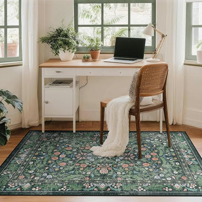 3x5 Washable Area Rug Floral Green Entryway Small Rug Vintage Forest Low Pile Non Slip Stain Resistance Soft Carpet for Kitchen, Bedroom Beside, Laundry Room, Office Rug, Kids Room, Nursery Room
